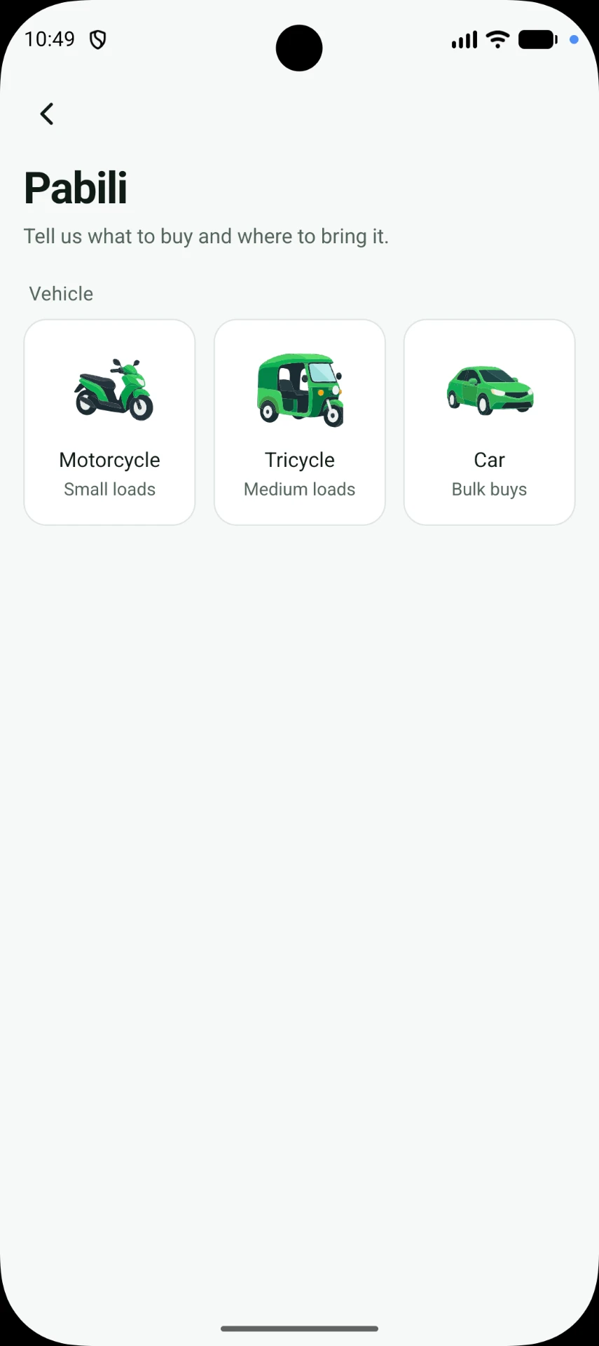 CorGo app Pabili screen