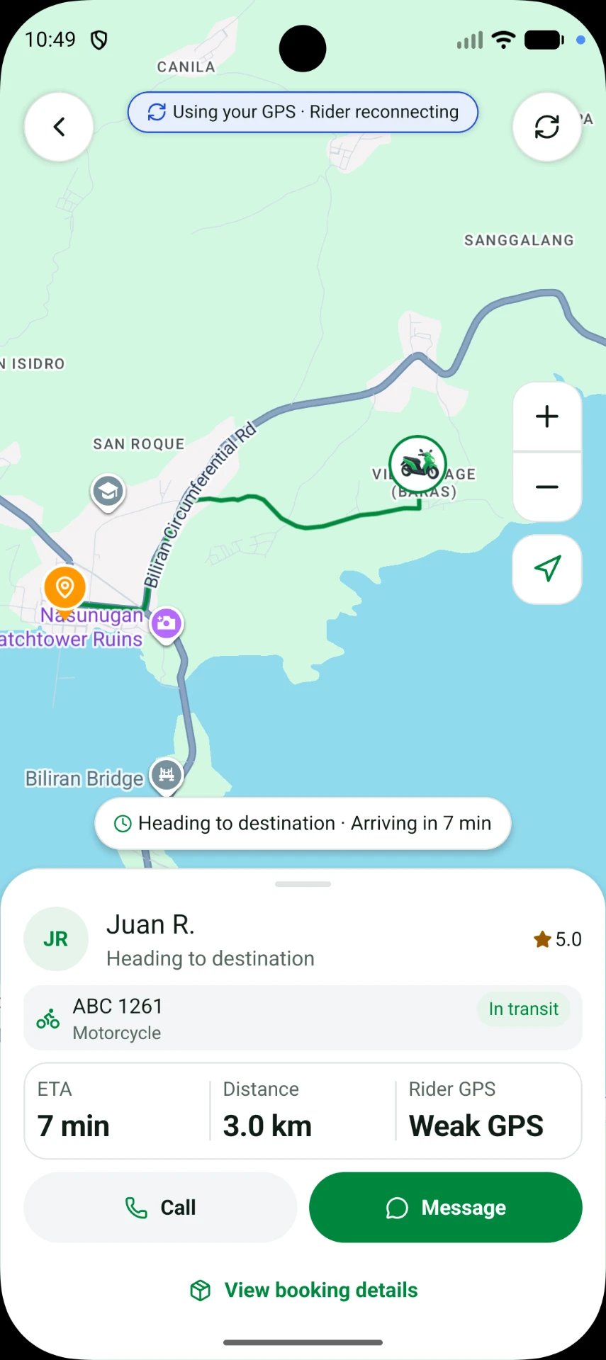 CorGo app live tracking screen showing the rider on the map