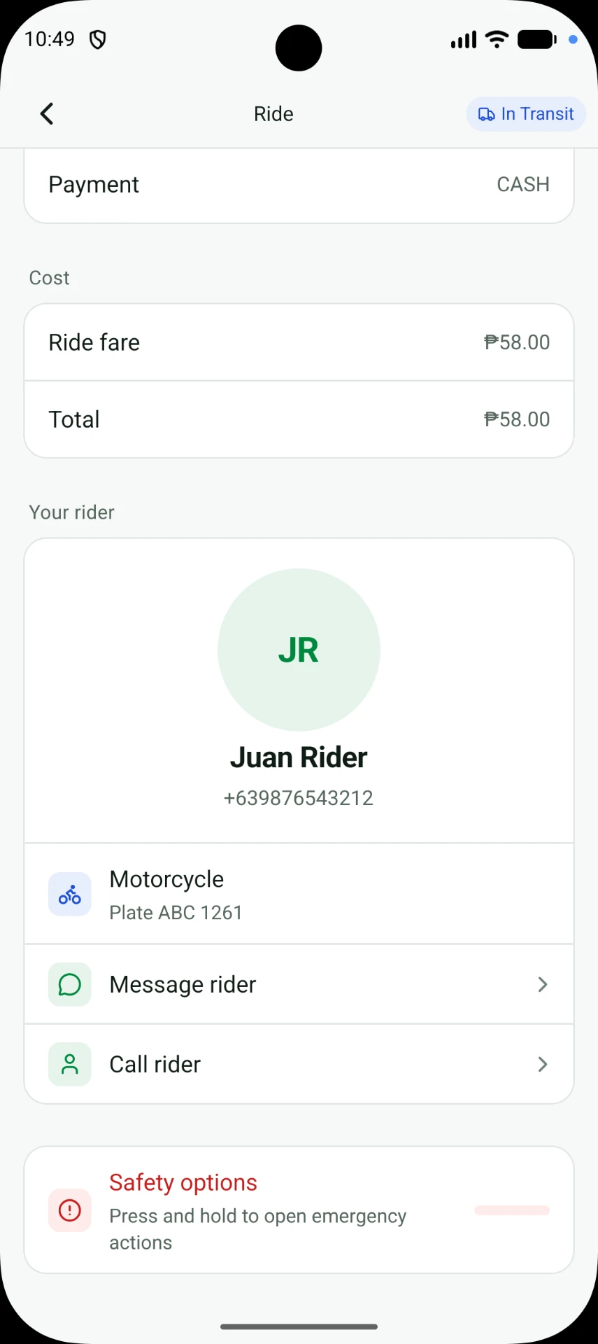 CorGo app Booking details screen